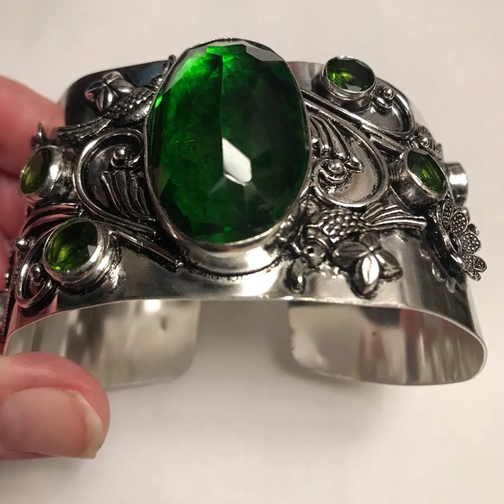Peridot Stamped Solid 925 Sterling Silver Cuff Bracelet